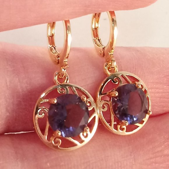 Jewelry - 18K Yellow Gold Filled Flower Amethyt Purple Diamond Zircon Earrings 2.04ctw Ea.